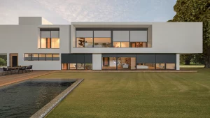 modernes haus. beinhaltet bauelemente wie fenster, rollläden, haustüren, garten, wandfassade in weiß, hell beleuchtet