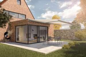 Ein 3d Render von einem fertigen Haus wo große fenster eingebaut sind